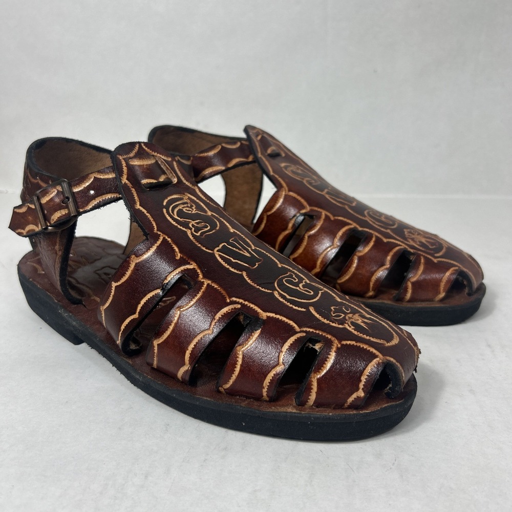 Vintage Artisan Mexican Huarache Sandals Brown Leather Fisherman Tooled Boho 10